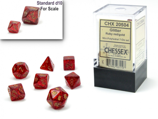 Set de 7 dés - Mini Glitter Ruby Red/gold